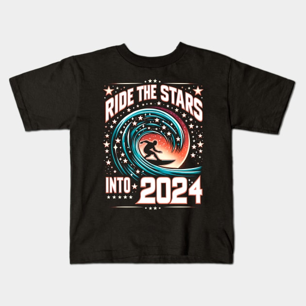 Ride the stars into 2024! Kids T-Shirt by Neon Galaxia